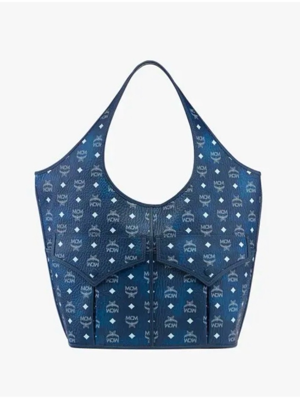 MCM Navy and White Logo Print Leather Tote